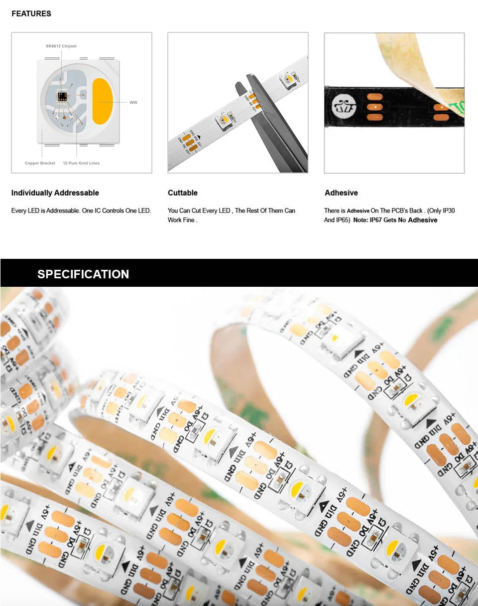 SK6812 Individually Addressable RGBW LED Strip Light - RGBNW