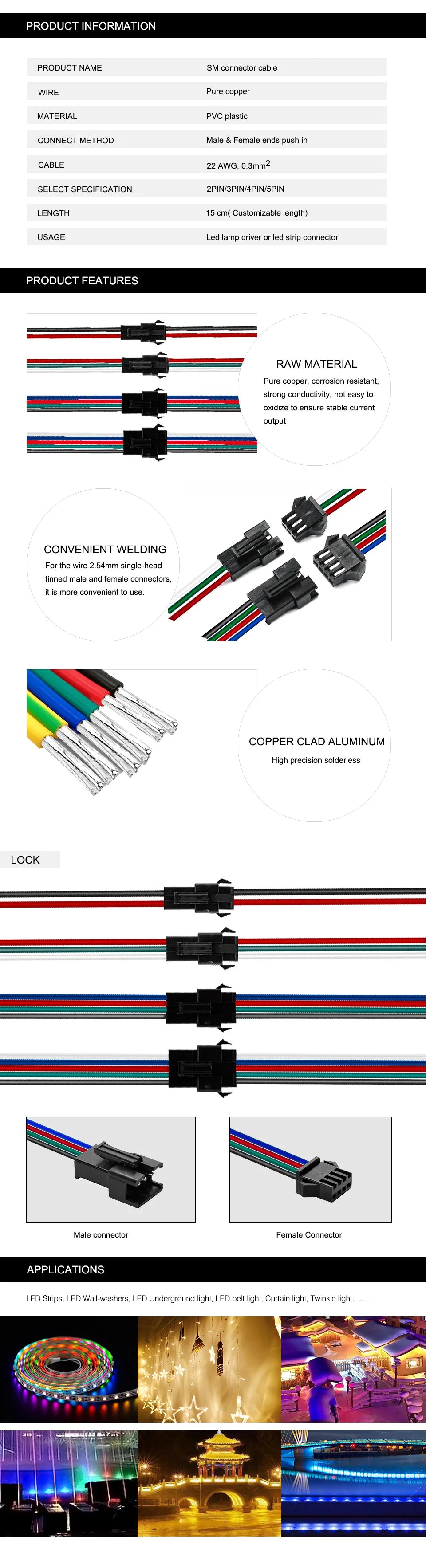 SM JST Connector Cable for LED Strips – Male and Female