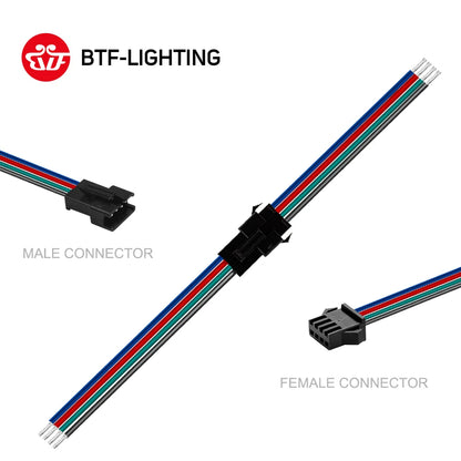 An image showing SM JST connector cables for LED strips, with male and female connectors. The cables are colored with a red stripe on one side, and the connectors are black with the BTF-Lighting brand logo.