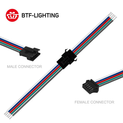An image showing SM JST connector cables for LED strips, with male and female connectors. The cables are colored with a striped pattern, primarily in white and red/green/blue.