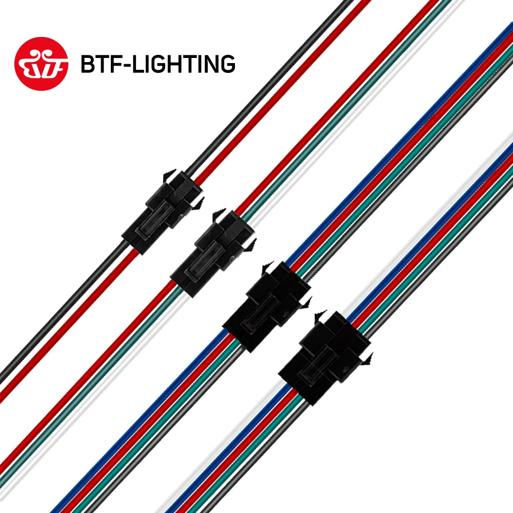 A series of SM JST connector cables for LED strips, showing both male and female connectors on a white background.