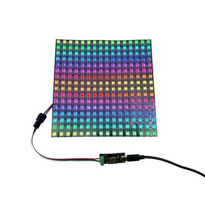 A 16x16 addressable RGB LED matrix strip with WS2812B chips, connected to a small circuit board, against a white background.